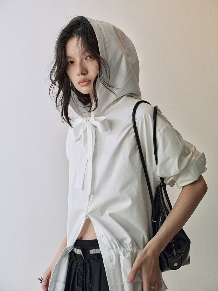 AnnoMundi Lace Collar Tie Hooded Loose Pleated Women White Cotton Tencel Blouse