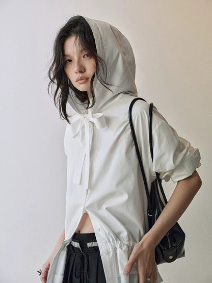 AnnoMundi Lace Collar Tie Hooded Loose Pleated Women White Cotton Tencel Blouse