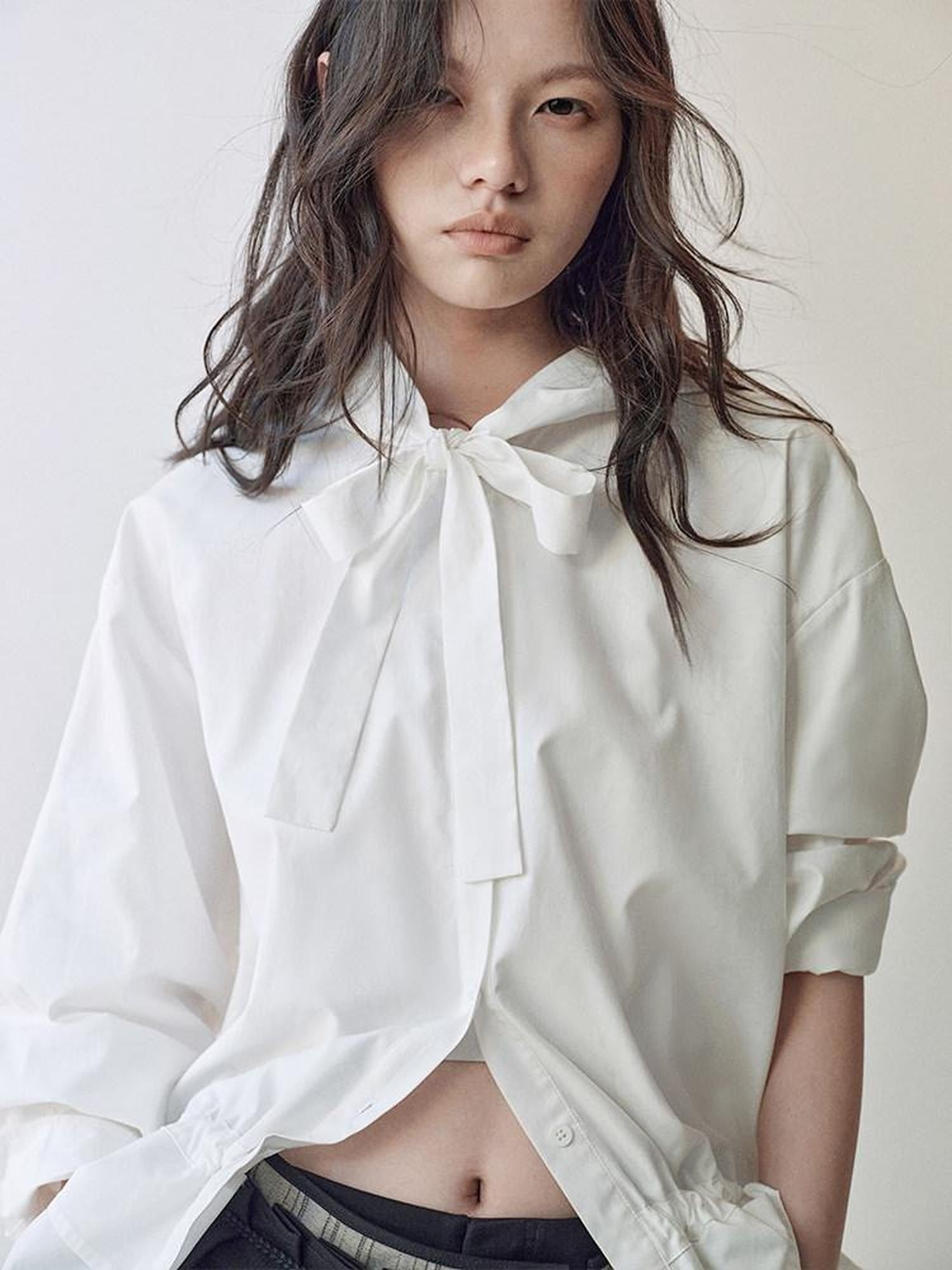 AnnoMundi Lace Collar Tie Hooded Loose Pleated Women White Cotton Tencel Blouse