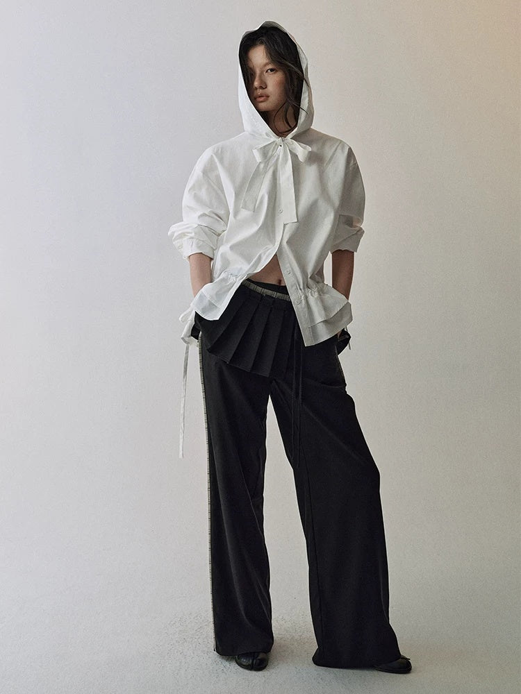 AnnoMundi Lace Collar Tie Hooded Loose Pleated Women White Cotton Tencel Blouse