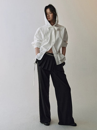 AnnoMundi Lace Collar Tie Hooded Loose Pleated Women White Cotton Tencel Blouse