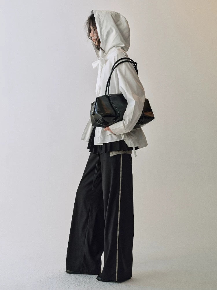 AnnoMundi Lace Collar Tie Hooded Loose Pleated Women White Cotton Tencel Blouse