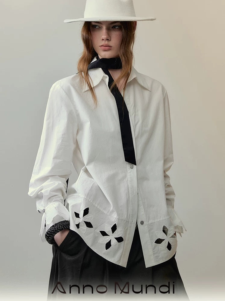 AnnoMundi Lace Embroidered Pure Cotton Slim Fit Collared Casual Women Floral Blouse