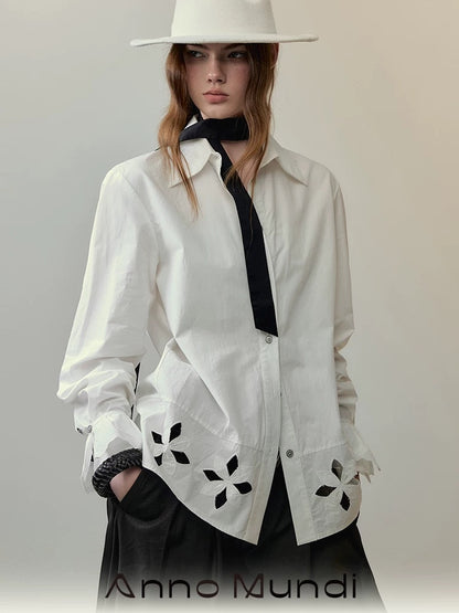 AnnoMundi Lace Embroidered Pure Cotton Slim Fit Collared Casual Women Floral Blouse