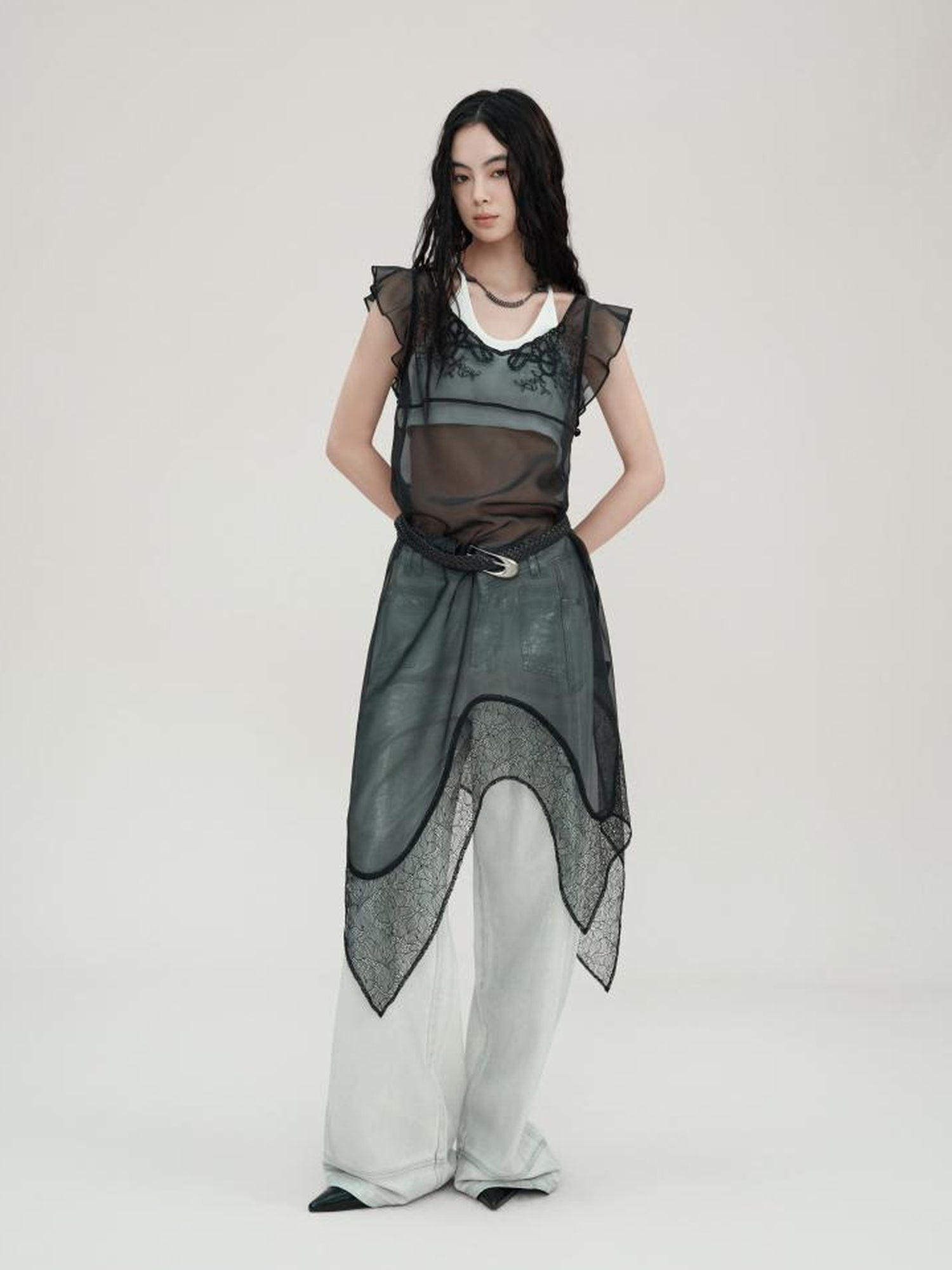 AnnoMundi Lace Embroidered Sheer Mesh Overlay Dress