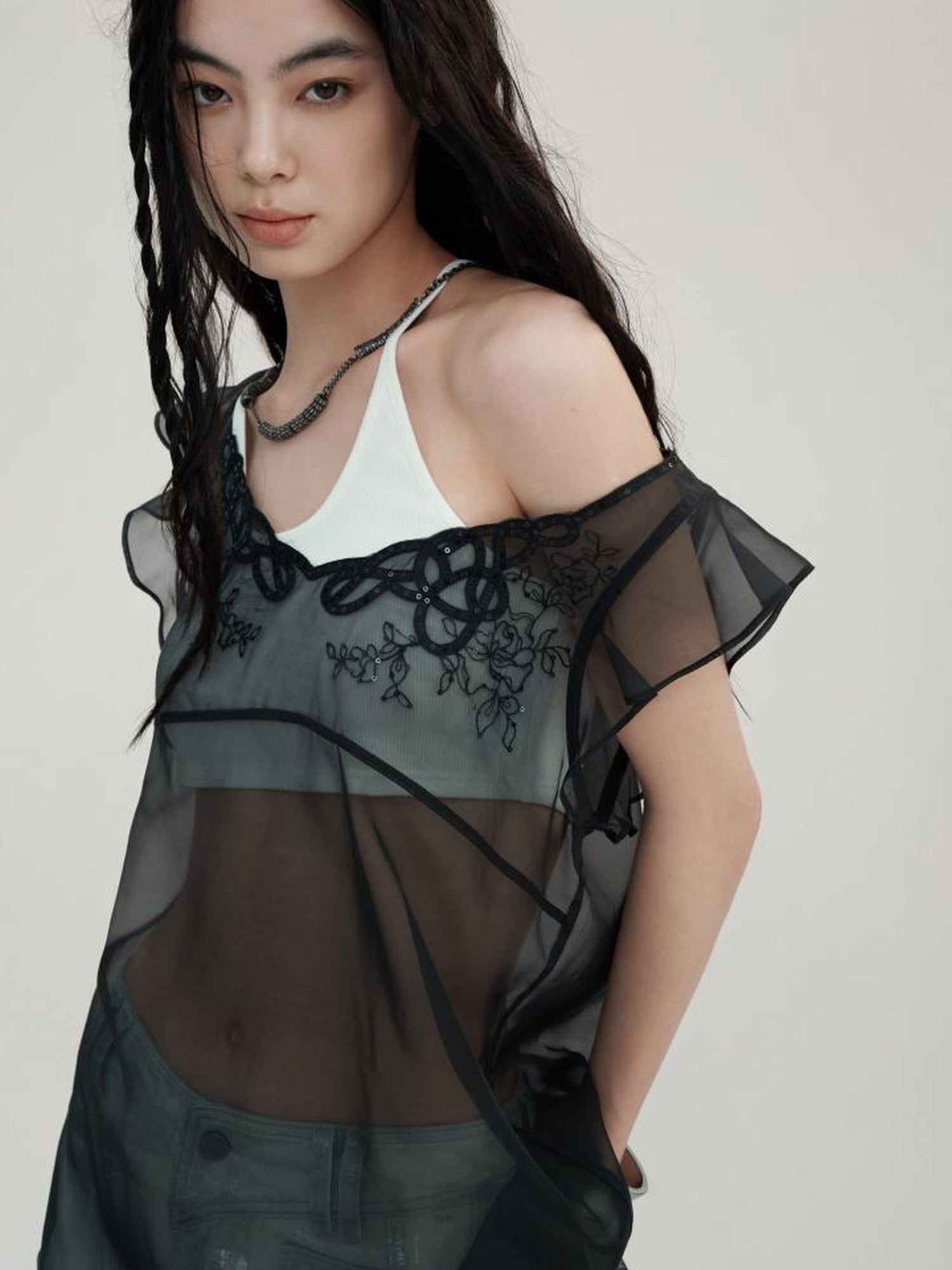 AnnoMundi Lace Embroidered Sheer Mesh Overlay Dress