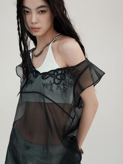 AnnoMundi Lace Embroidered Sheer Mesh Overlay Dress