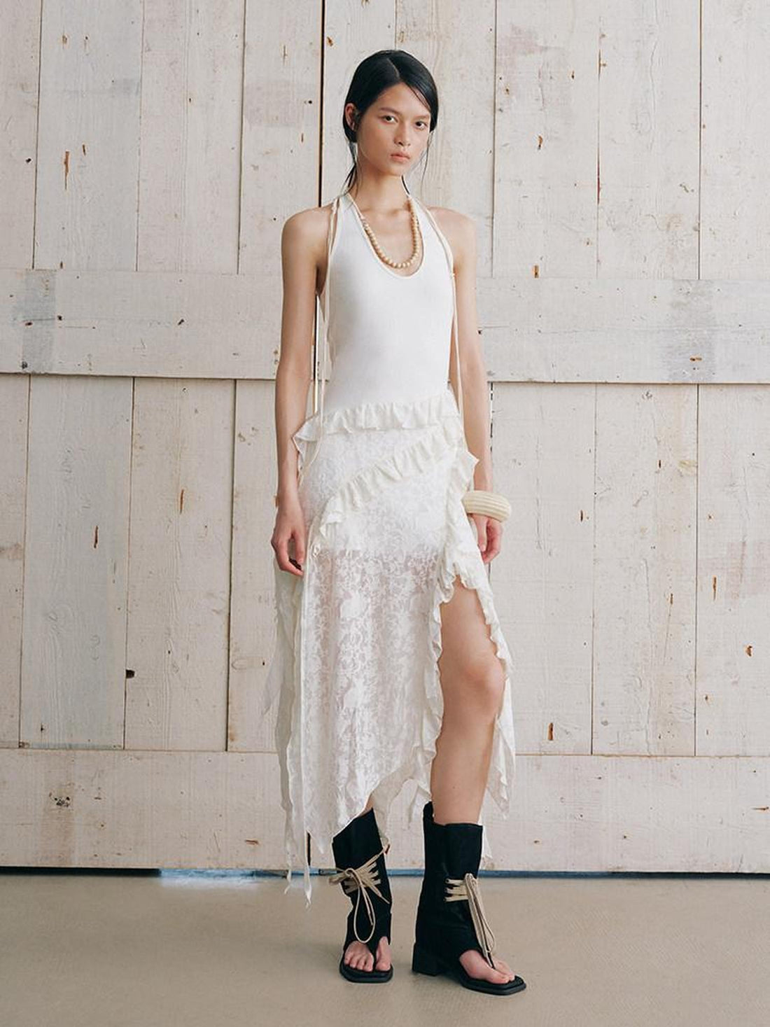 AnnoMundi Lace Halter Asymmetric Hem High Waist Women&