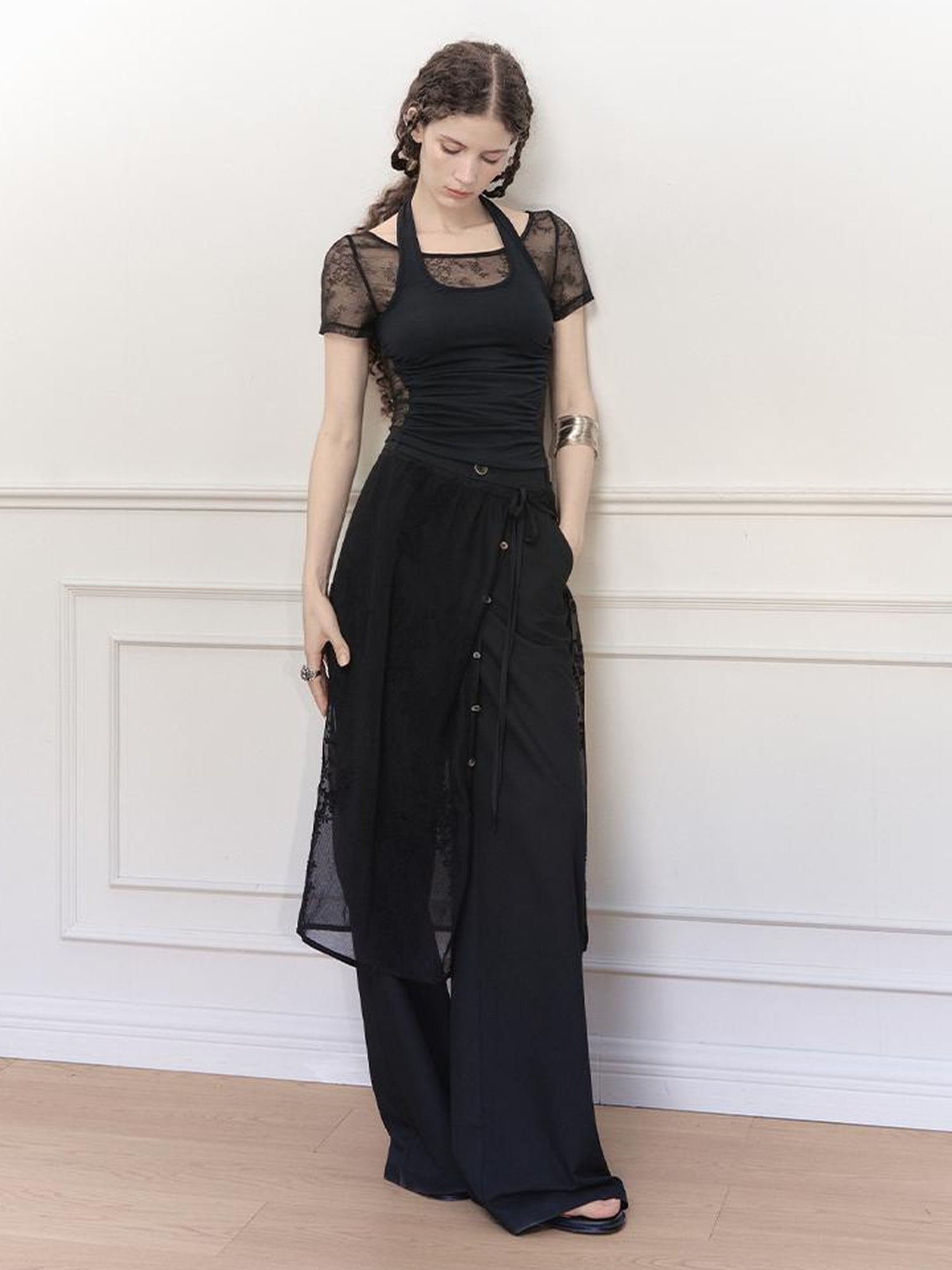 AnnoMundi Lace Knit Layered Mock Neck Tee