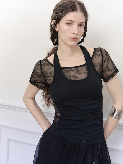 AnnoMundi Lace Knit Layered Mock Neck Tee