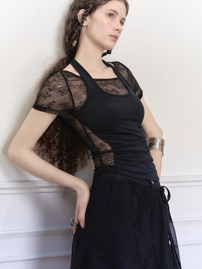 AnnoMundi Lace Knit Layered Mock Neck Tee