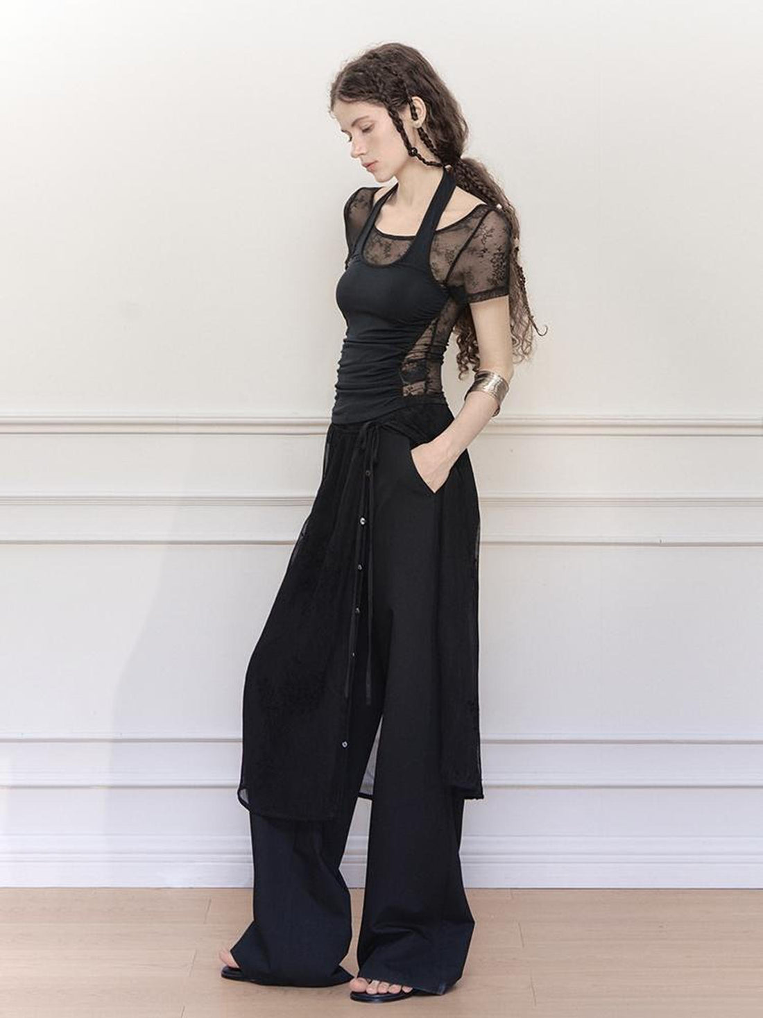 Lace Knit Layered Mock Neck Tee