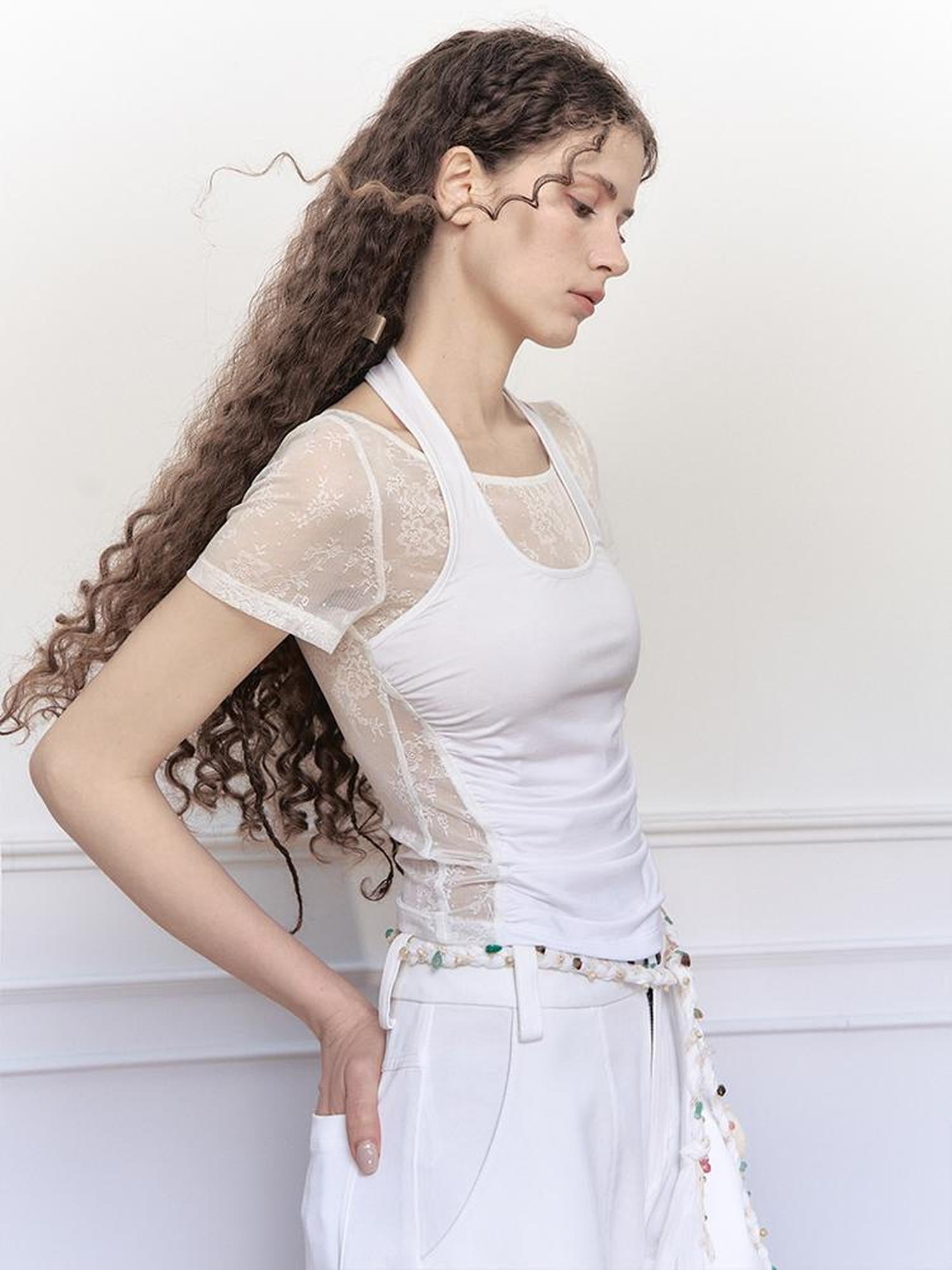 AnnoMundi Lace Knit Layered Mock Neck Tee