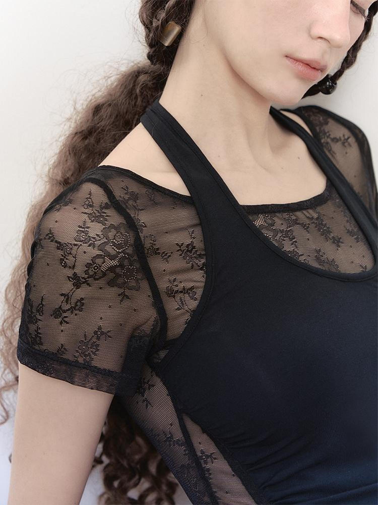 AnnoMundi Lace Knit Layered Mock Neck Tee