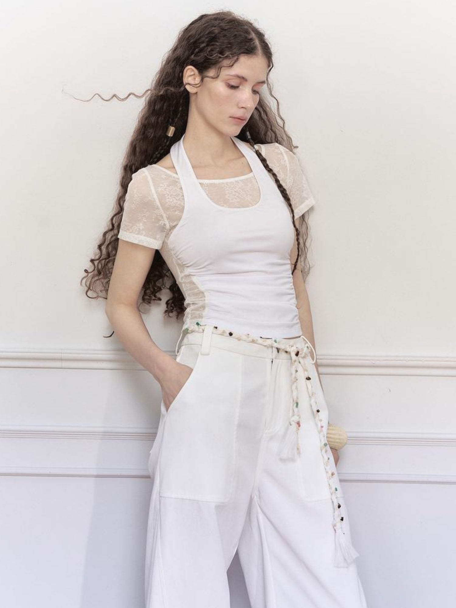 AnnoMundi Lace Knit Layered Mock Neck Tee