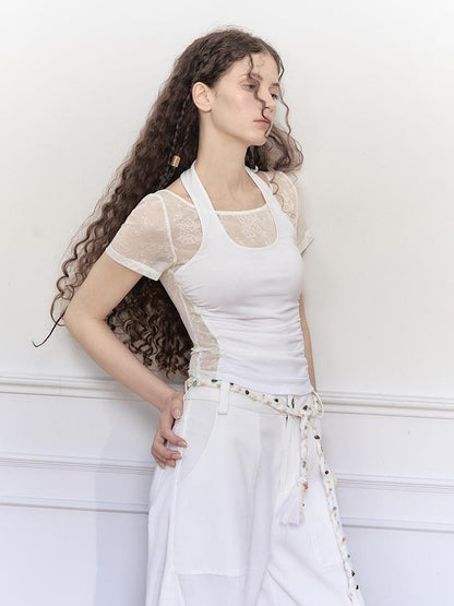 Lace Knit Layered Mock Neck Tee