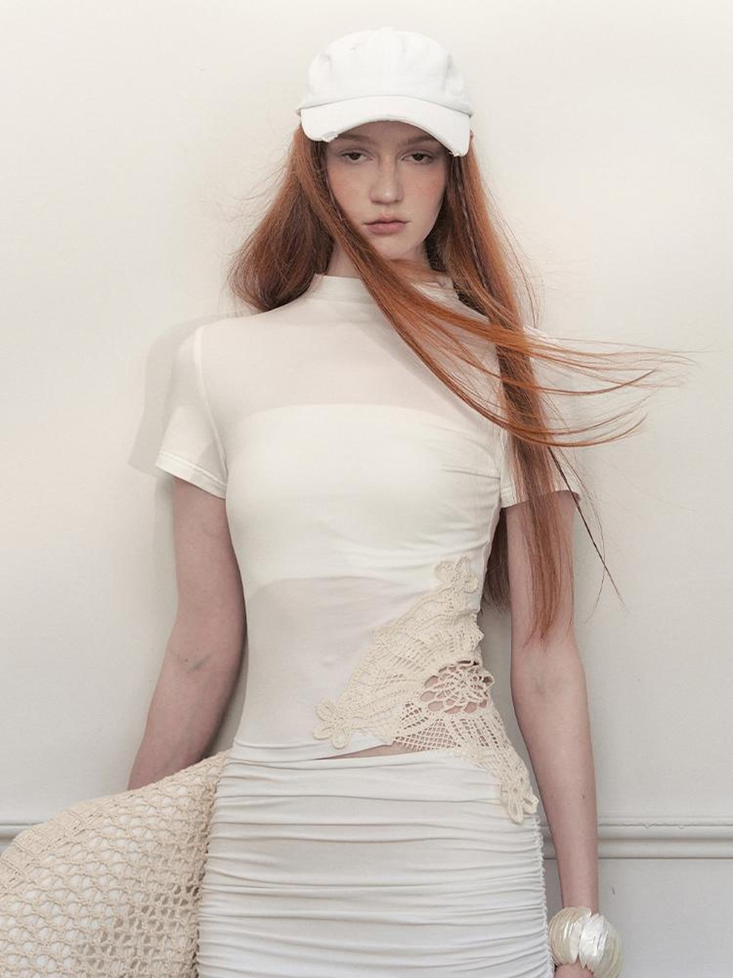 AnnoMundi Lace Knit Ribbed Mock Neck Tee
