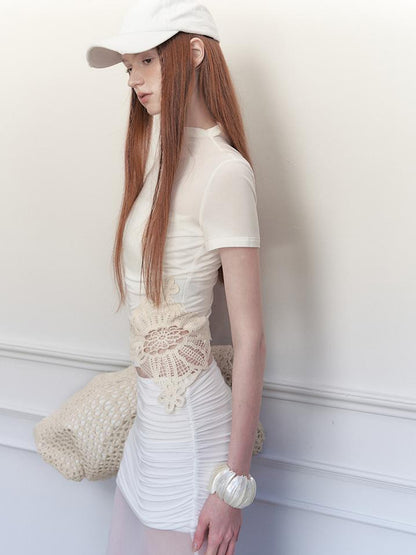 AnnoMundi Lace Knit Ribbed Mock Neck Tee