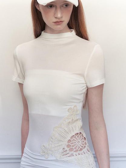 AnnoMundi Lace Knit Ribbed Mock Neck Tee