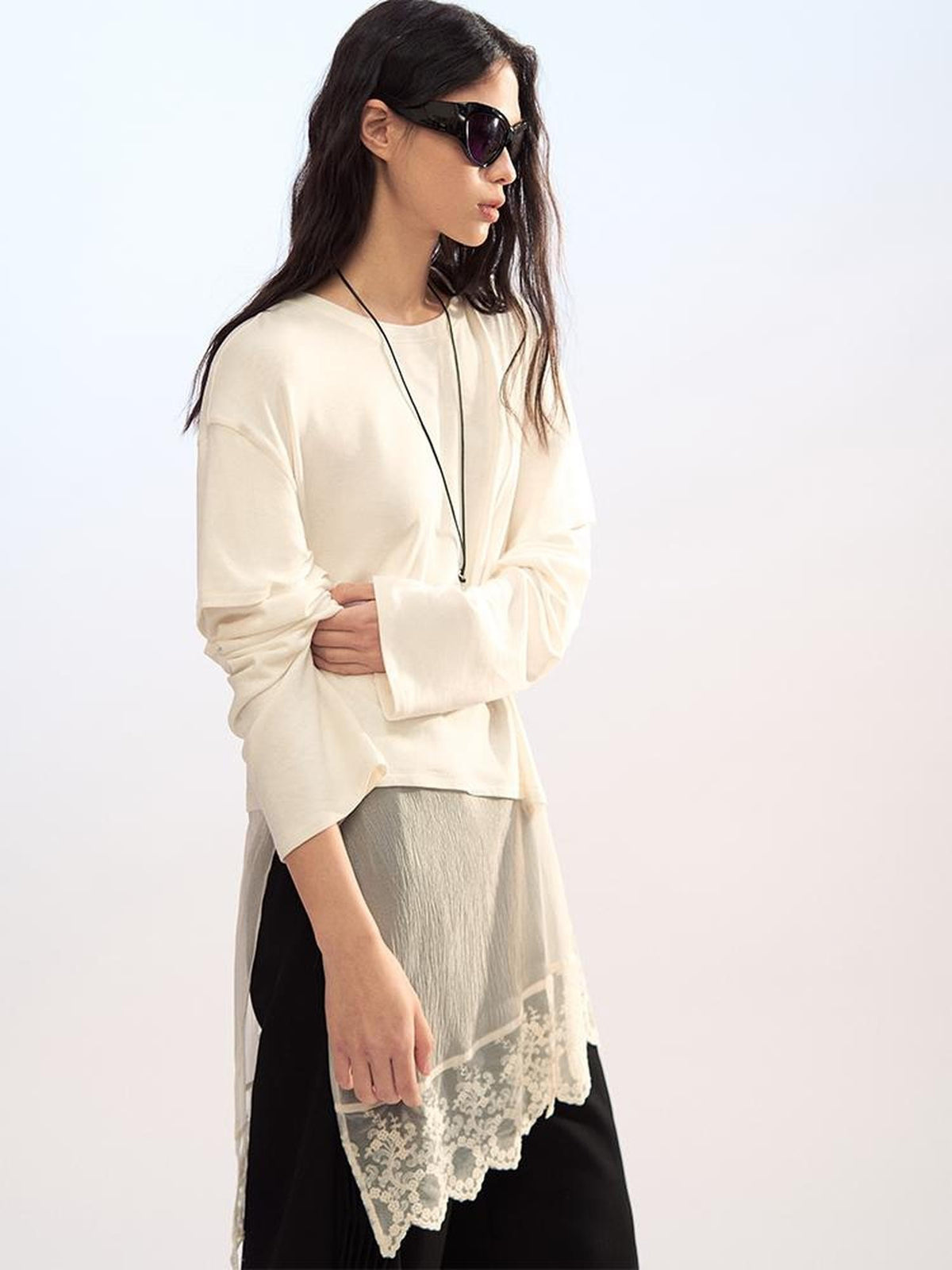 AnnoMundi Lace Trim Double Layer Faux Two Piece Patchwork Women&