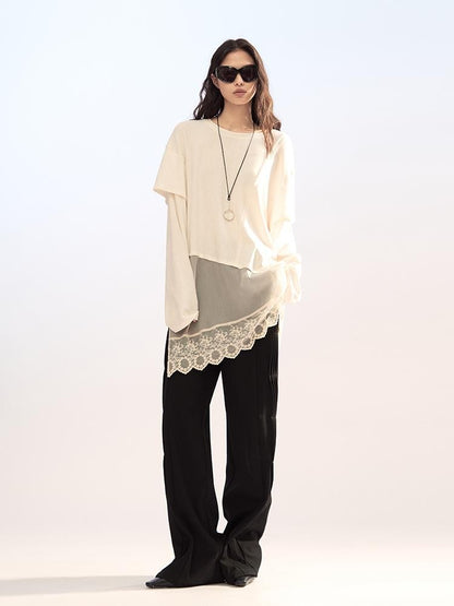 AnnoMundi Lace Trim Double Layer Faux Two Piece Patchwork Women&