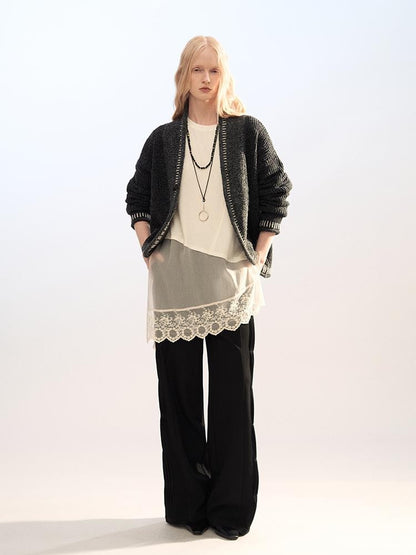 AnnoMundi Lace Trim Double Layer Faux Two Piece Patchwork Women&