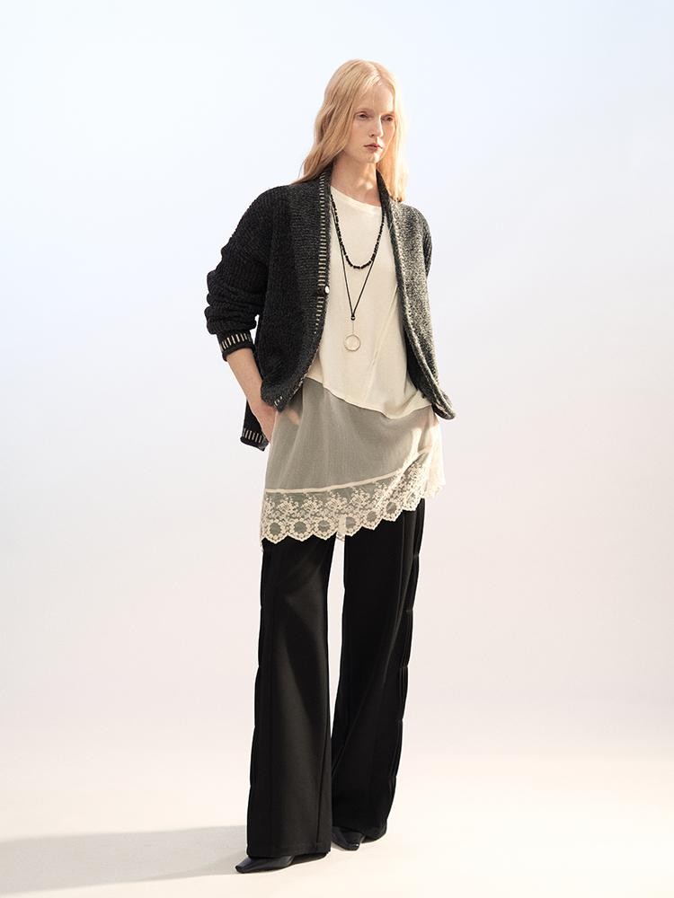 AnnoMundi Lace Trim Double Layer Faux Two Piece Patchwork Women&