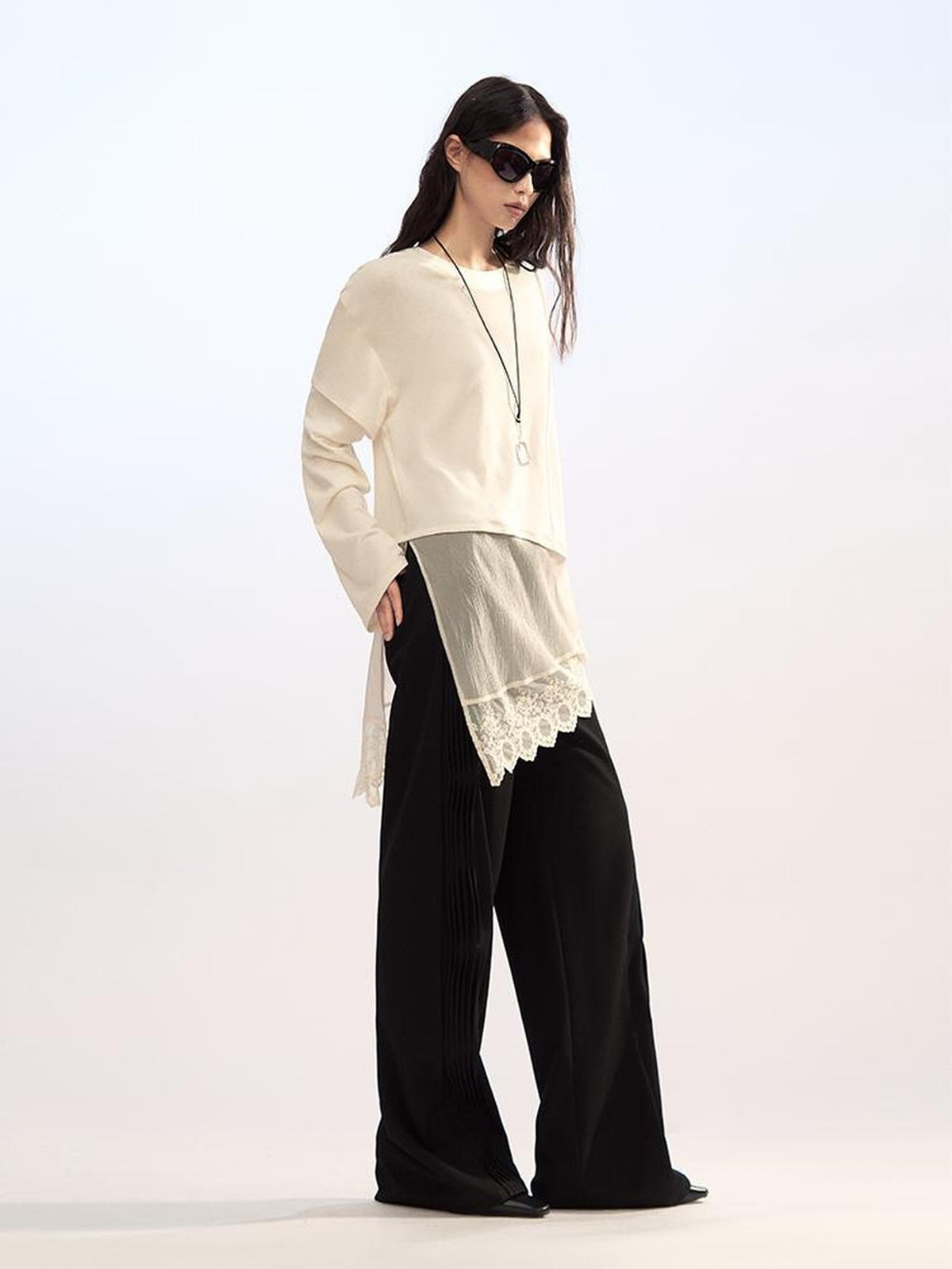 AnnoMundi Lace Trim Double Layer Faux Two Piece Patchwork Women&