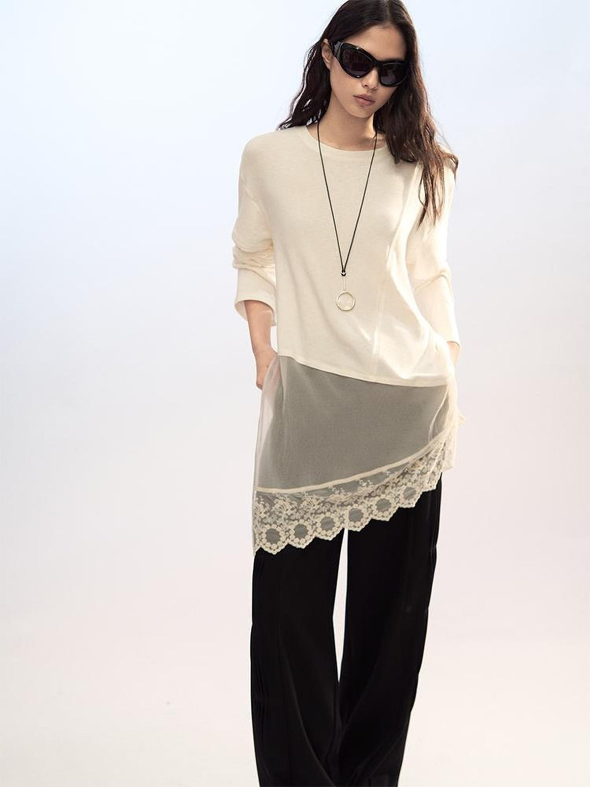 AnnoMundi Lace Trim Double Layer Faux Two Piece Patchwork Women&