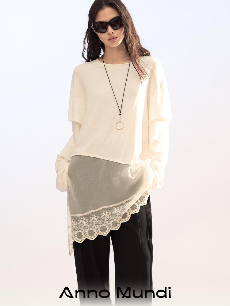 AnnoMundi Lace Trim Double Layer Faux Two Piece Patchwork Women&