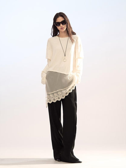 AnnoMundi Lace Trim Double Layer Faux Two Piece Patchwork Women&