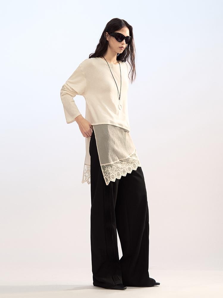 AnnoMundi Lace Trim Double Layer Faux Two Piece Patchwork Women&
