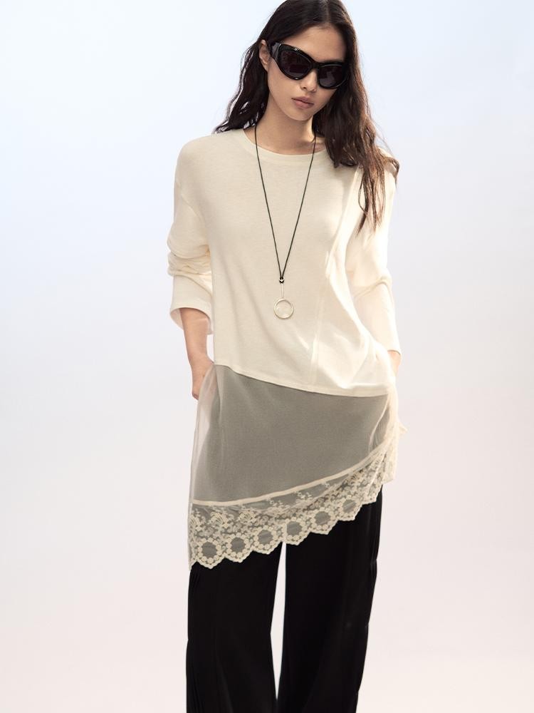 AnnoMundi Lace Trim Double Layer Faux Two Piece Patchwork Women&
