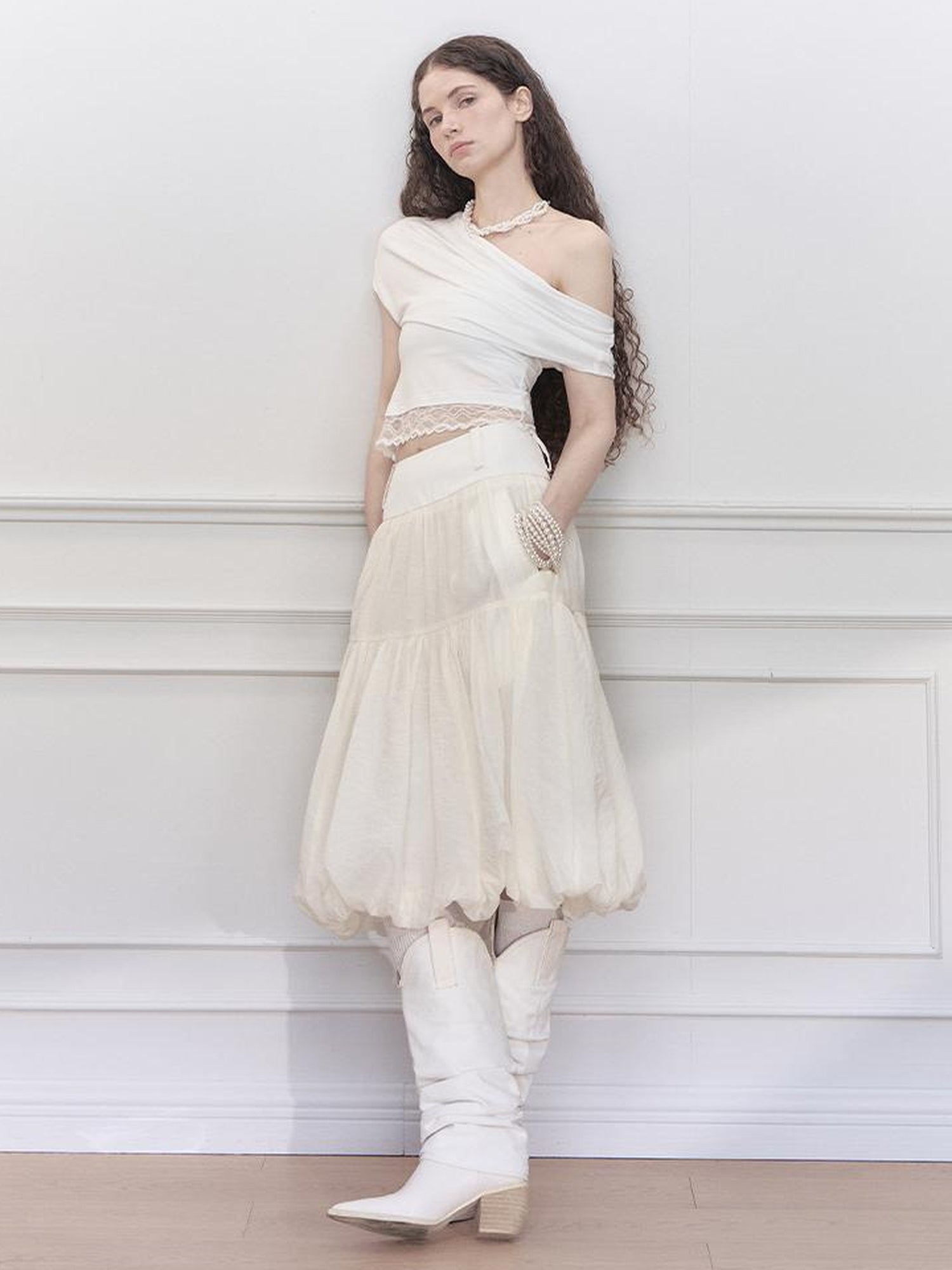 AnnoMundi Lace Trimmed Crop Knit Top With Adjustable Neckline