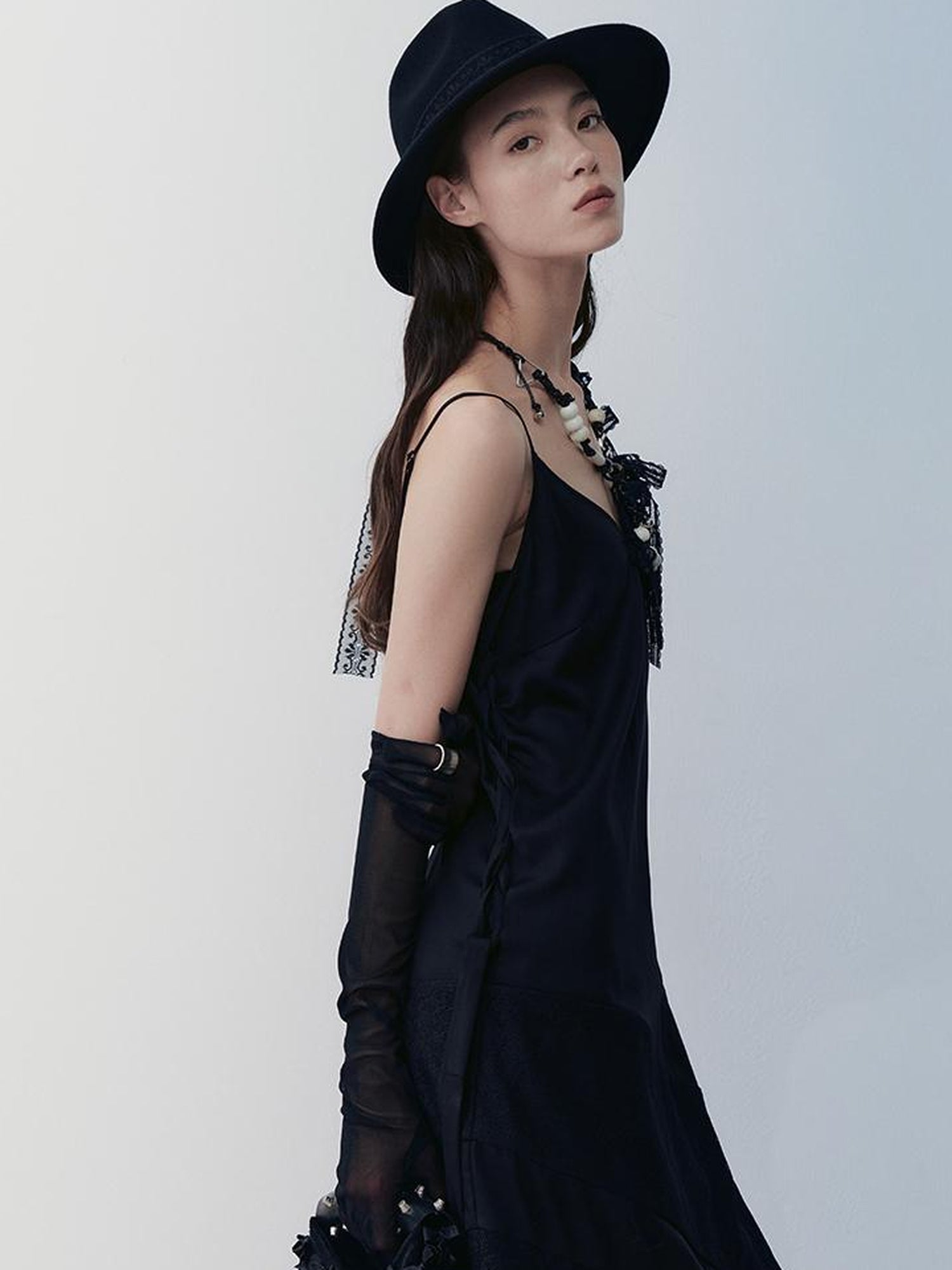 AnnoMundi Lace Trimmed Rayon Slip Dress V-neck T-shirt Long Sleeve