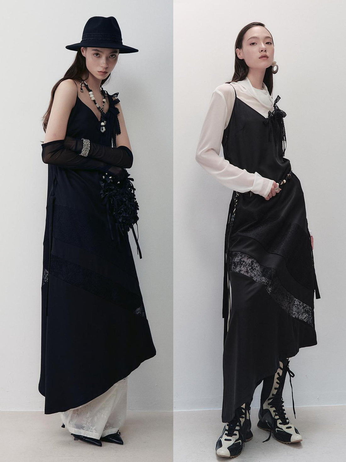 AnnoMundi Lace Trimmed Rayon Slip Dress V-neck T-shirt Long Sleeve