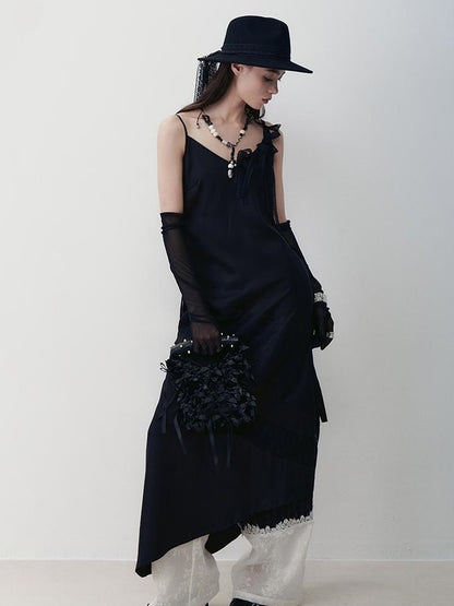 AnnoMundi Lace Trimmed Rayon Slip Dress V-neck T-shirt Long Sleeve