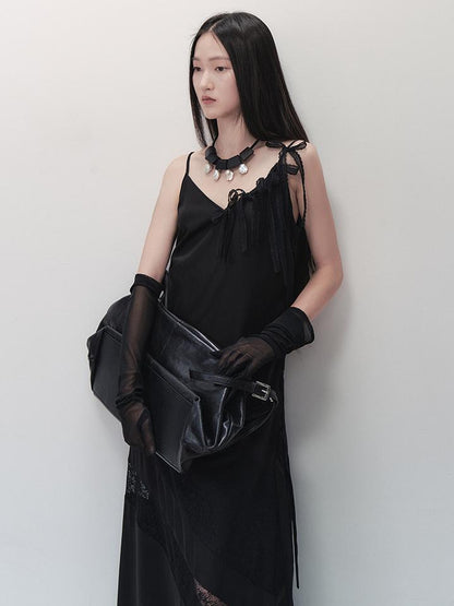 AnnoMundi Lace Trimmed Rayon Slip Dress V-neck T-shirt Long Sleeve