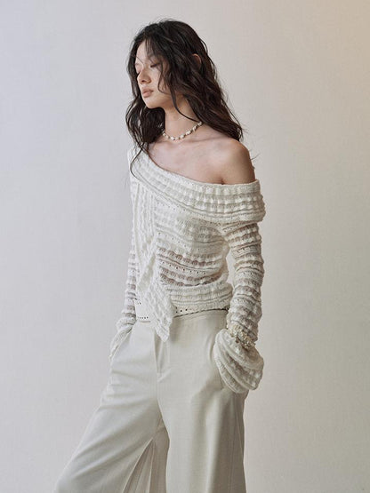 AnnoMundi Lace Trimmed Semi Sheer Knitted Bardot V Neck Top