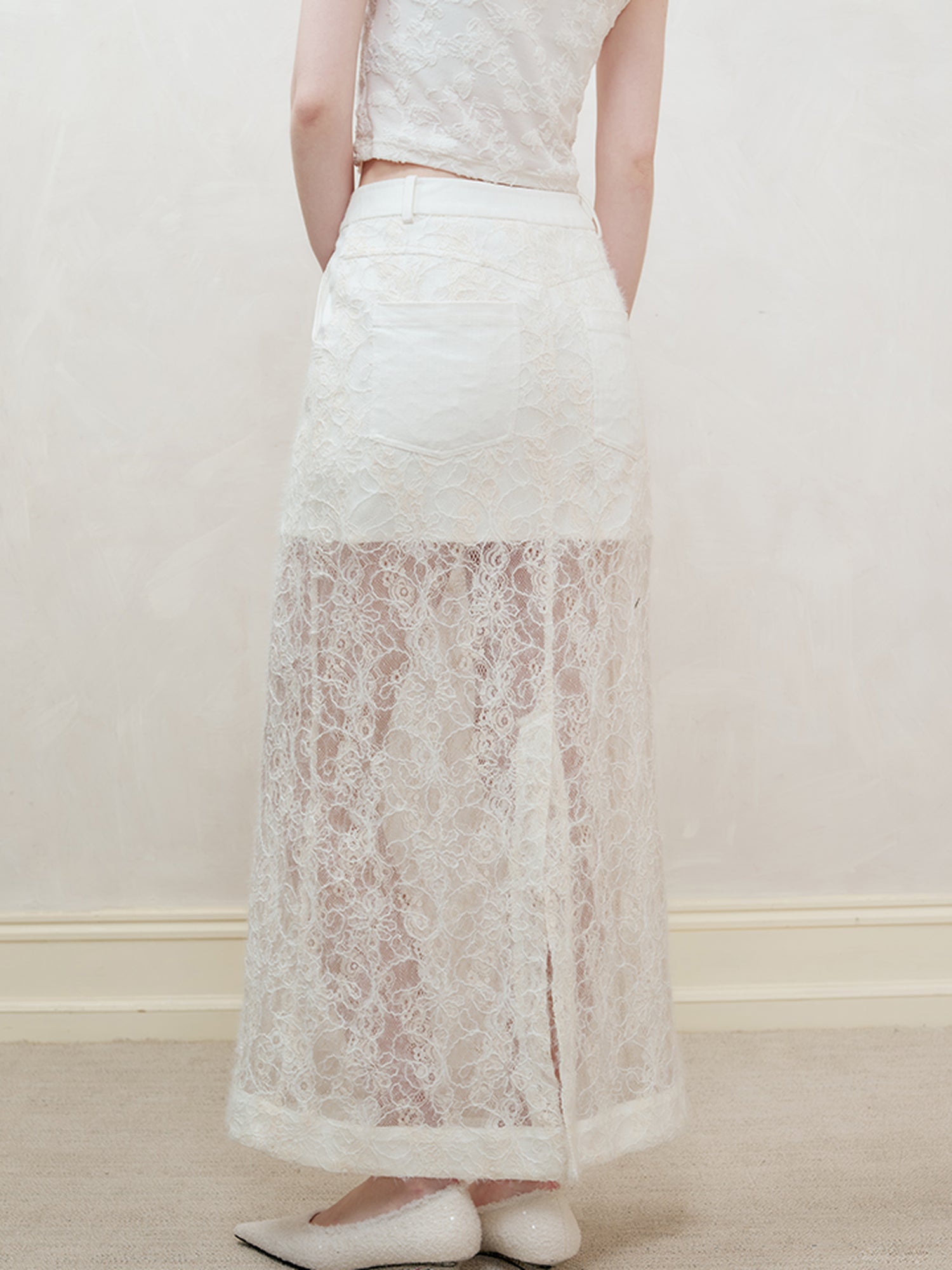 AnnoMundi Lace Trimmed Sheer Denim Midi Skirt