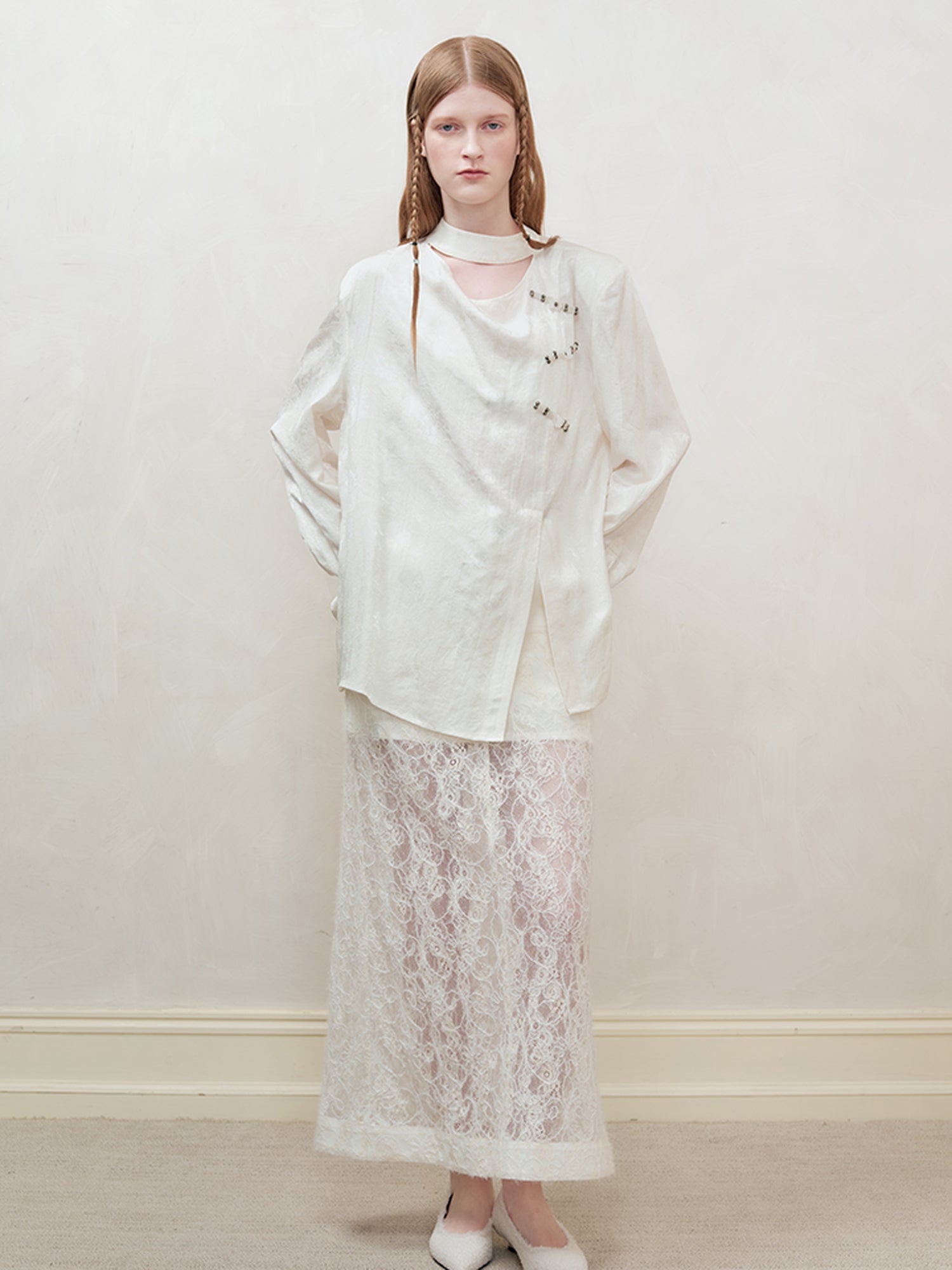 AnnoMundi Lace Trimmed Sheer Denim Midi Skirt