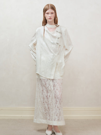 AnnoMundi Lace Trimmed Sheer Denim Midi Skirt
