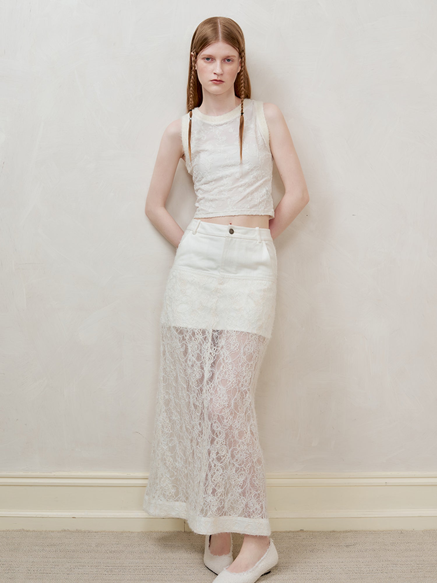 AnnoMundi Lace Trimmed Sheer Denim Midi Skirt