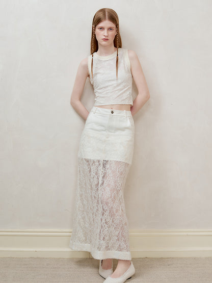 AnnoMundi Lace Trimmed Sheer Denim Midi Skirt