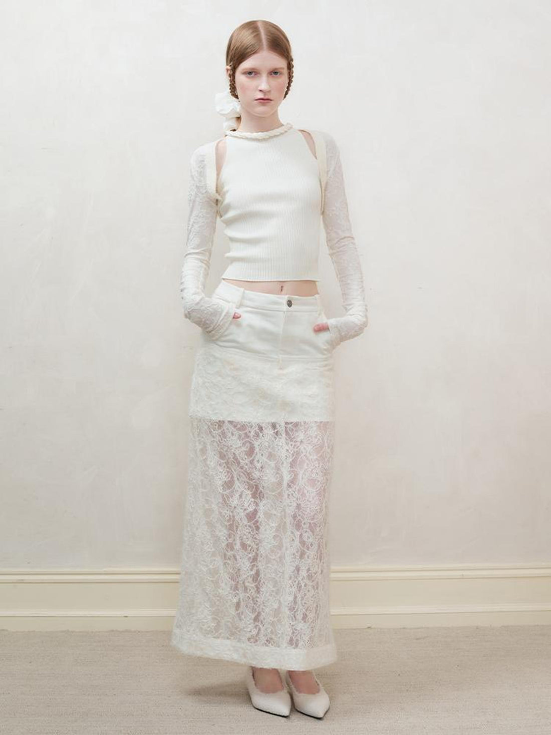 AnnoMundi Lace Trimmed Sheer Denim Midi Skirt