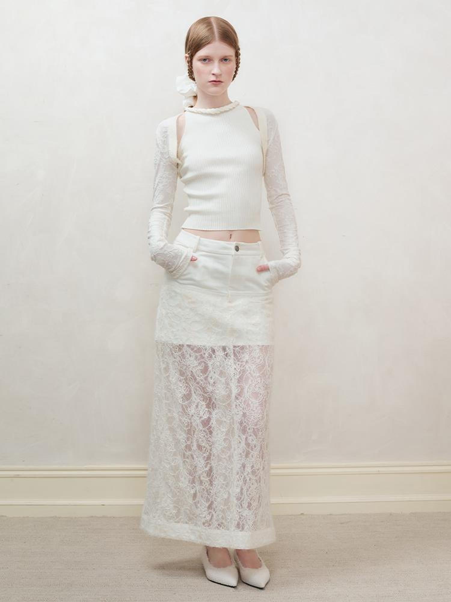 AnnoMundi Lace Trimmed Sheer Denim Midi Skirt