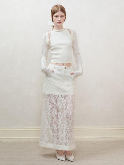 AnnoMundi Lace Trimmed Sheer Denim Midi Skirt