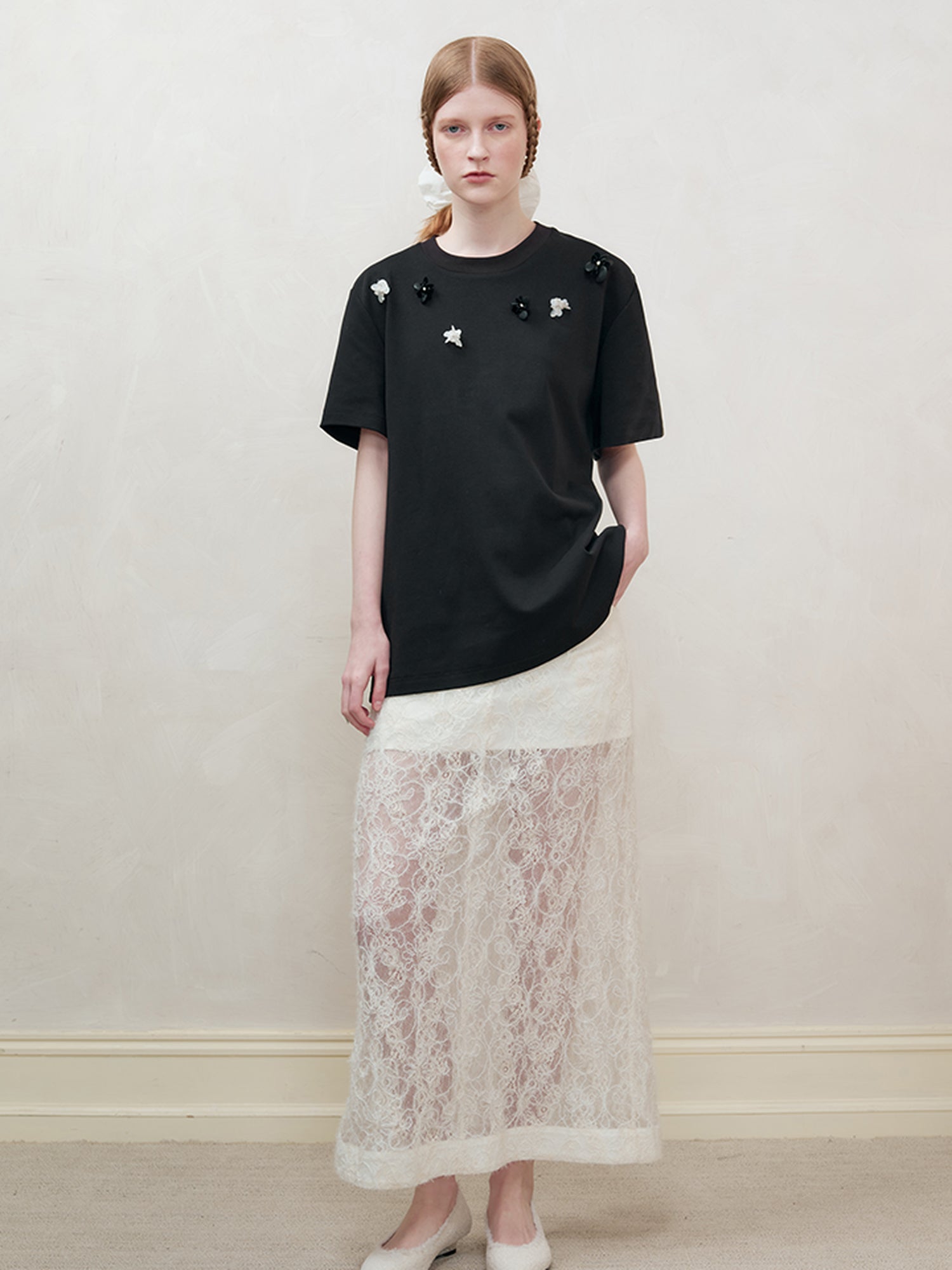 AnnoMundi Lace Trimmed Sheer Denim Midi Skirt