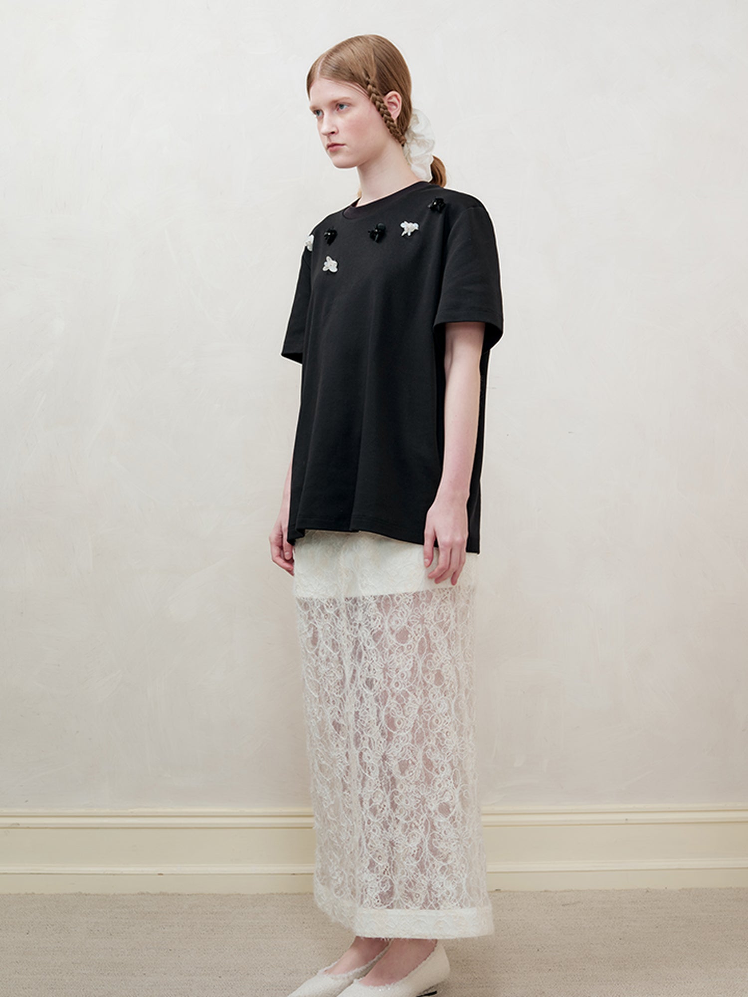 AnnoMundi Lace Trimmed Sheer Denim Midi Skirt
