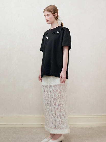 AnnoMundi Lace Trimmed Sheer Denim Midi Skirt